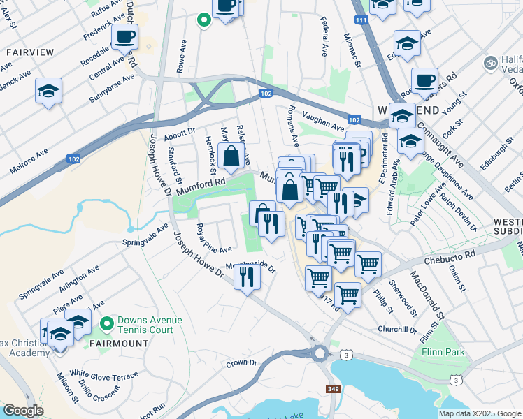 map of restaurants, bars, coffee shops, grocery stores, and more near 3045 Olivet Street in Halifax