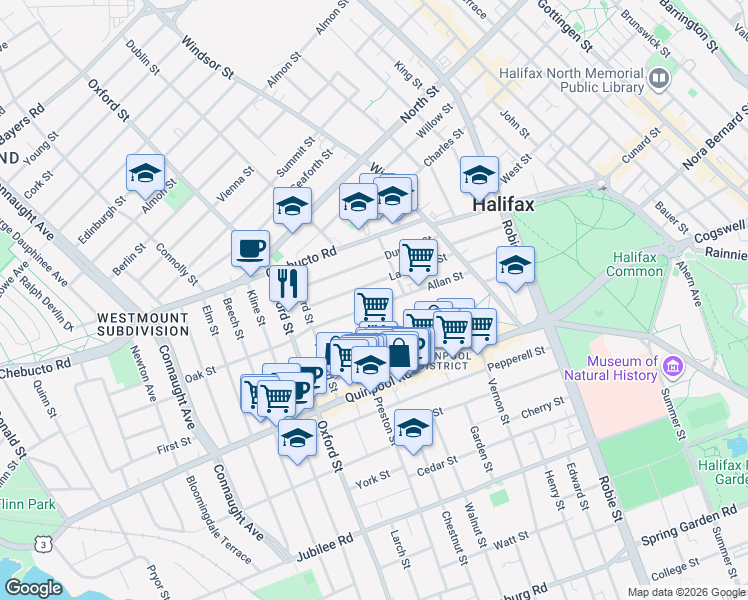 map of restaurants, bars, coffee shops, grocery stores, and more near 6231 Allan Street in Halifax