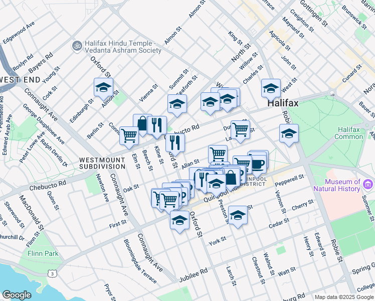 map of restaurants, bars, coffee shops, grocery stores, and more near 6301 Allan Street in Halifax