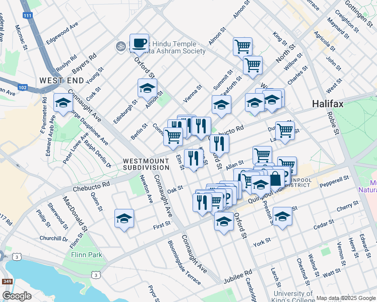 map of restaurants, bars, coffee shops, grocery stores, and more near 2586 Beech Street in Halifax