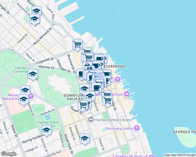 map of restaurants, bars, coffee shops, grocery stores, and more near in Halifax