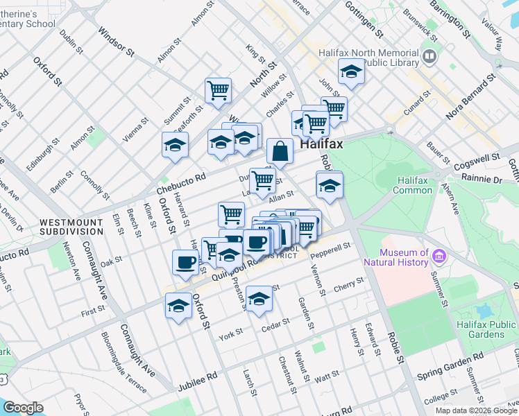 map of restaurants, bars, coffee shops, grocery stores, and more near 2070 Quingate Place in Halifax