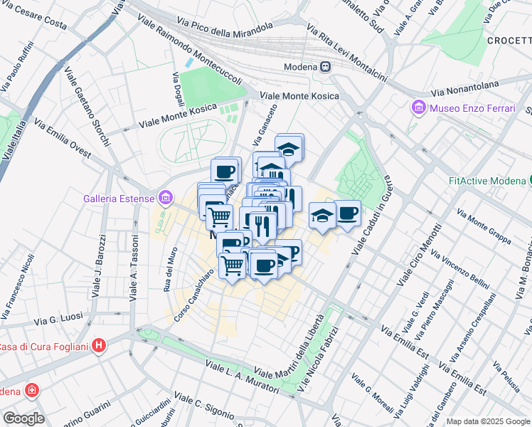 map of restaurants, bars, coffee shops, grocery stores, and more near 27 Via Del Taglio in Modena