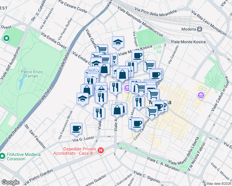 map of restaurants, bars, coffee shops, grocery stores, and more near 14-20 Via Giuseppe Campori in Modena