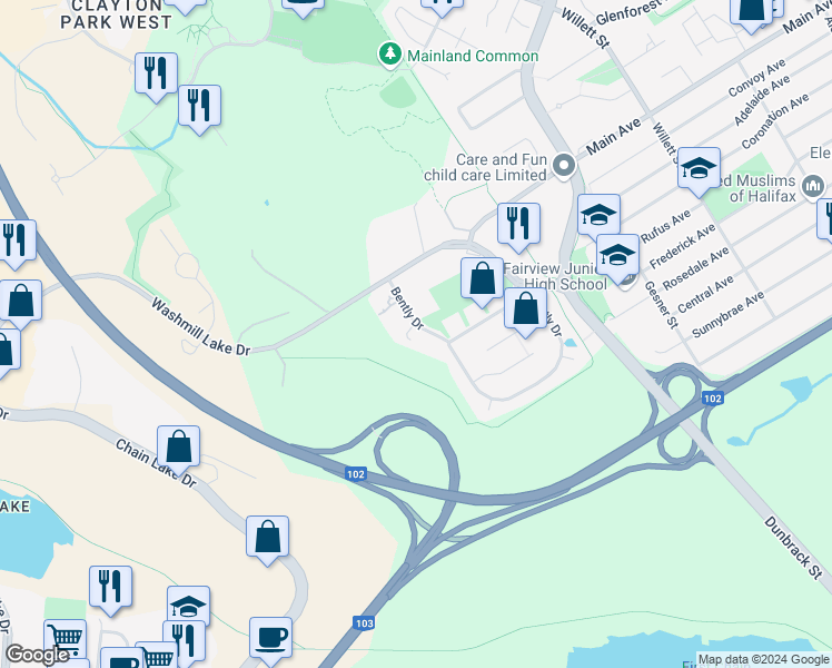 map of restaurants, bars, coffee shops, grocery stores, and more near 55 Bently Drive in Halifax