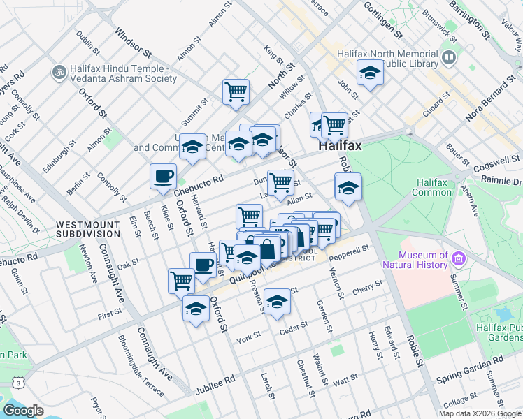 map of restaurants, bars, coffee shops, grocery stores, and more near 6213 Allan Street in Halifax