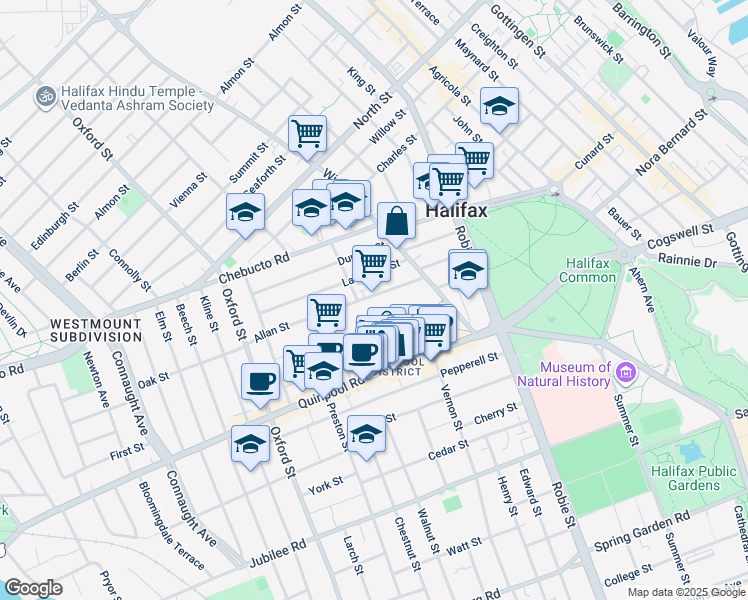 map of restaurants, bars, coffee shops, grocery stores, and more near 6186 Allan Street in Halifax