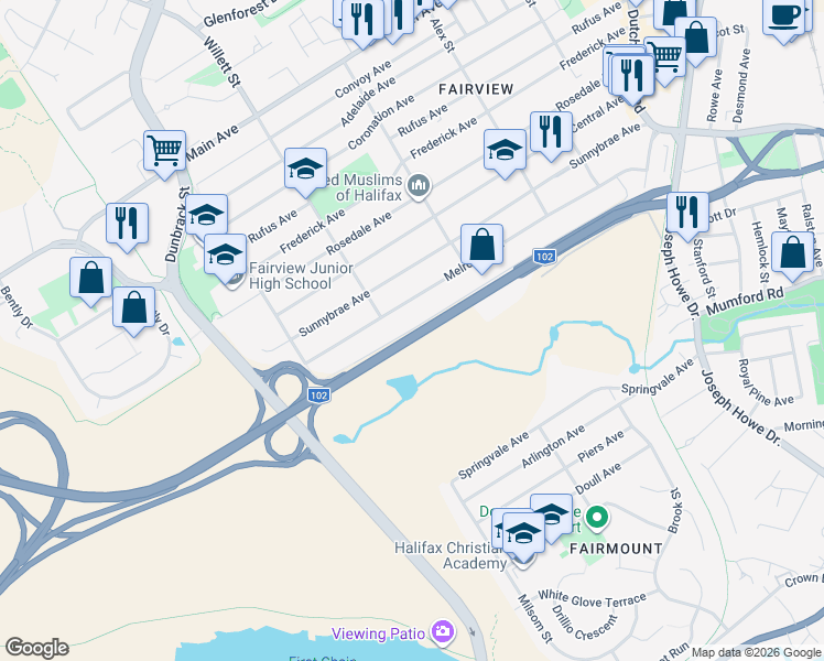 map of restaurants, bars, coffee shops, grocery stores, and more near 121 School Avenue in Halifax