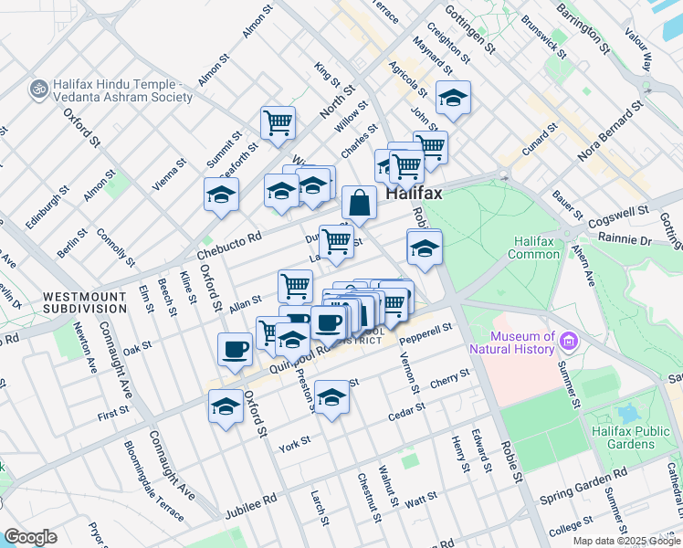 map of restaurants, bars, coffee shops, grocery stores, and more near 6182 Allan Street in Halifax