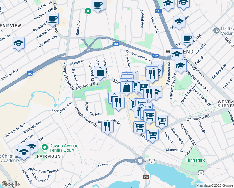 map of restaurants, bars, coffee shops, grocery stores, and more near 3055 Olivet Street in Halifax