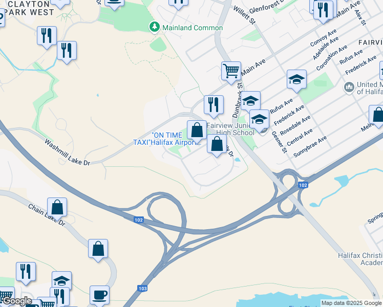 map of restaurants, bars, coffee shops, grocery stores, and more near Bently Drive in Halifax