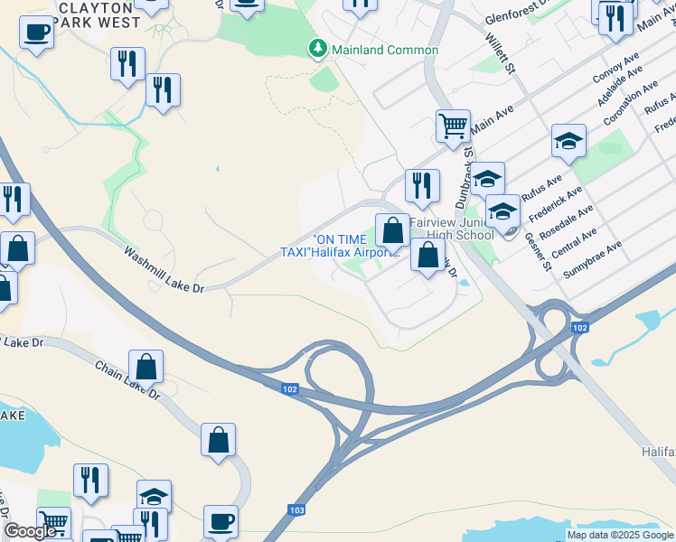 map of restaurants, bars, coffee shops, grocery stores, and more near 55 Bently Drive in Halifax