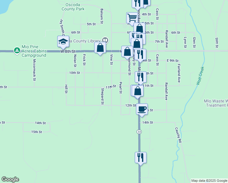 map of restaurants, bars, coffee shops, grocery stores, and more near 427 Vine Street in Mio
