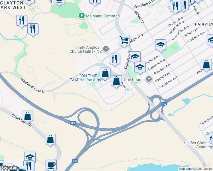 map of restaurants, bars, coffee shops, grocery stores, and more near 364 Bently Drive in Halifax