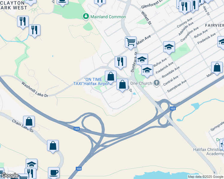 map of restaurants, bars, coffee shops, grocery stores, and more near 364 Bently Drive in Halifax