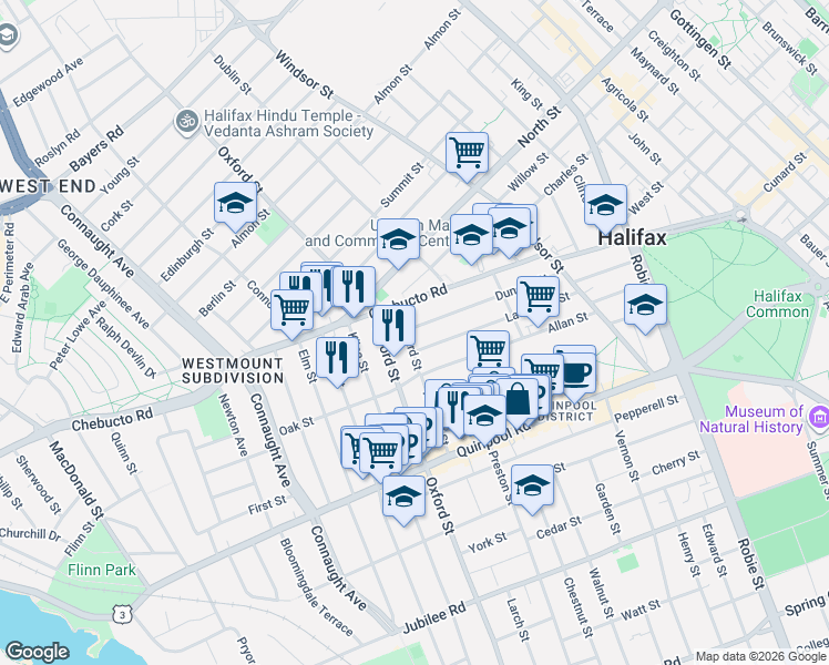 map of restaurants, bars, coffee shops, grocery stores, and more near 2535 Oxford Street in Halifax