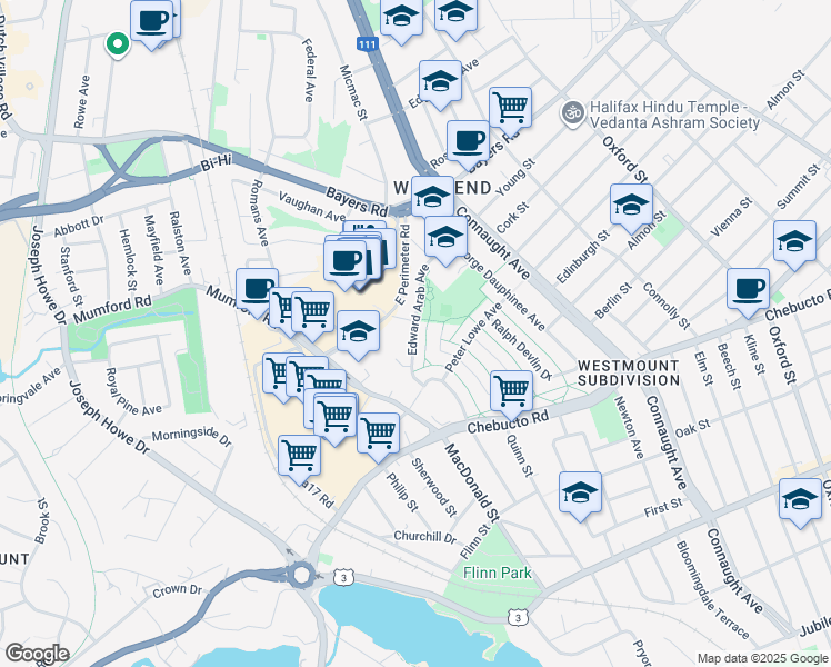 map of restaurants, bars, coffee shops, grocery stores, and more near 6818 Edward Arab Avenue in Halifax