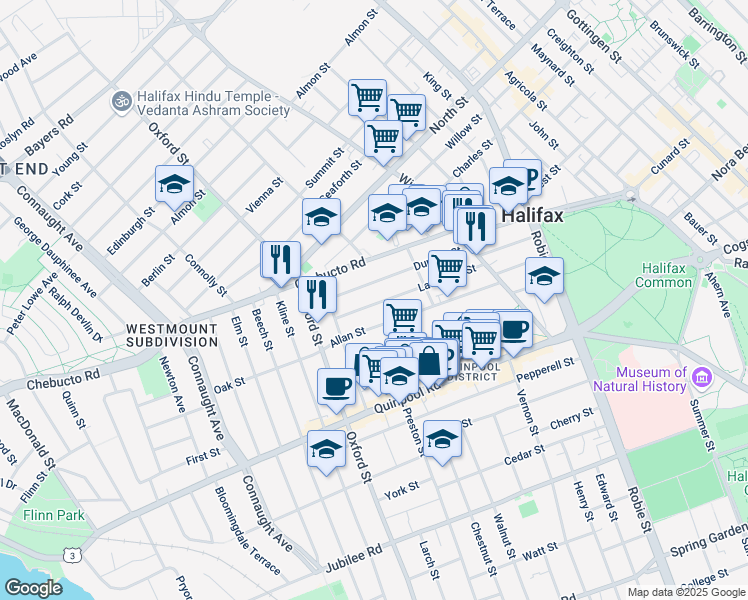 map of restaurants, bars, coffee shops, grocery stores, and more near 6277 Lawrence Street in Halifax