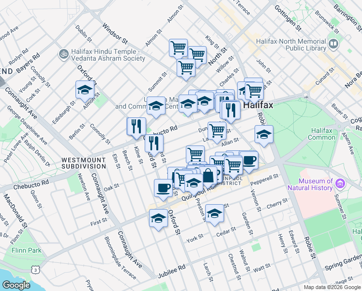map of restaurants, bars, coffee shops, grocery stores, and more near 6277 Lawrence Street in Halifax