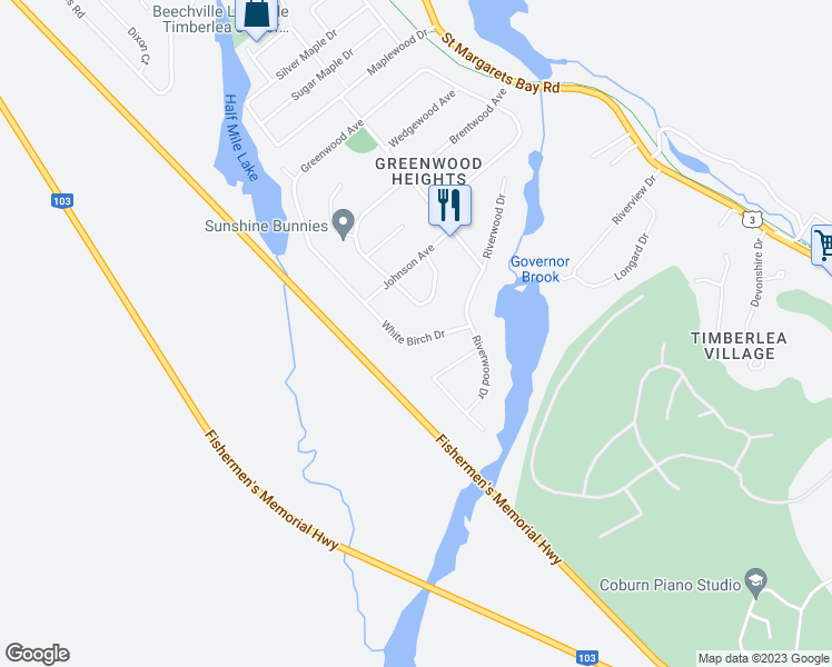 map of restaurants, bars, coffee shops, grocery stores, and more near 25 White Birch Drive in Timberlea