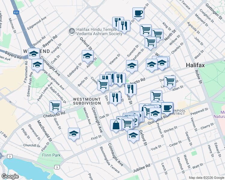 map of restaurants, bars, coffee shops, grocery stores, and more near 6467 Chebucto Road in Halifax