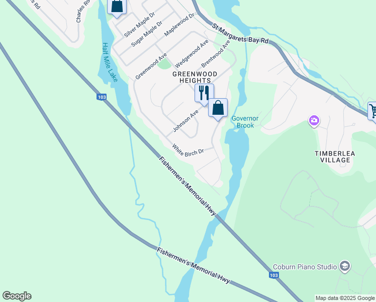 map of restaurants, bars, coffee shops, grocery stores, and more near 25 White Birch Drive in Timberlea