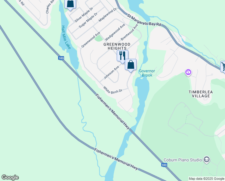map of restaurants, bars, coffee shops, grocery stores, and more near 25 White Birch Drive in Timberlea