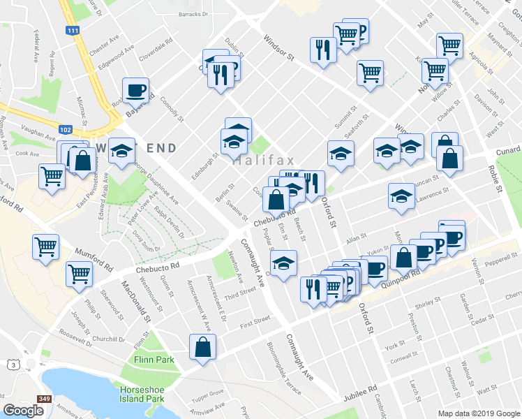 map of restaurants, bars, coffee shops, grocery stores, and more near 6522 Summit Street in Halifax