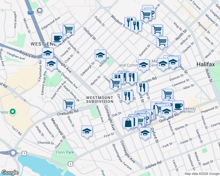 map of restaurants, bars, coffee shops, grocery stores, and more near 6522 Summit Street in Halifax
