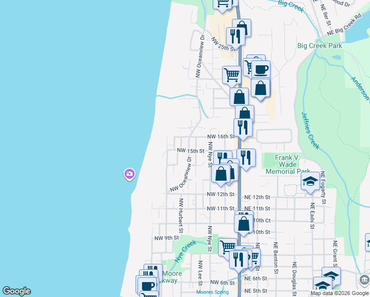 map of restaurants, bars, coffee shops, grocery stores, and more near 415 Northwest 16th Street in Newport
