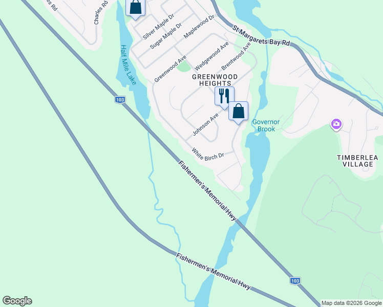 map of restaurants, bars, coffee shops, grocery stores, and more near 44 White Birch Drive in Timberlea