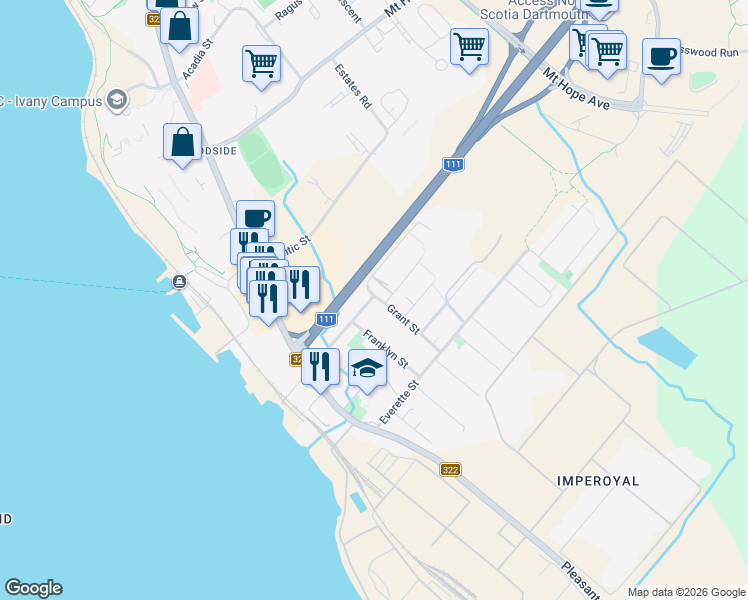 map of restaurants, bars, coffee shops, grocery stores, and more near 56 Irving Street in Dartmouth