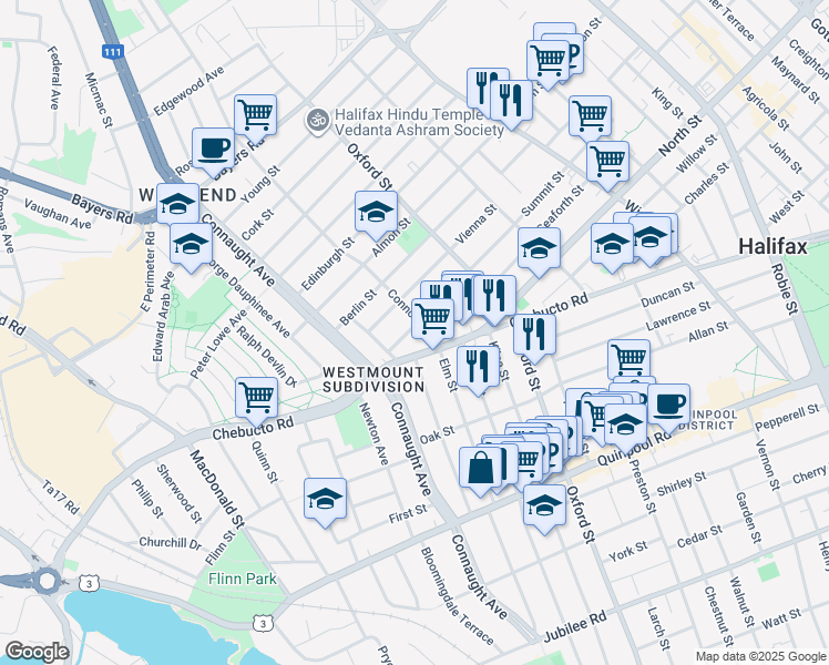 map of restaurants, bars, coffee shops, grocery stores, and more near 6516 Summit Street in Halifax