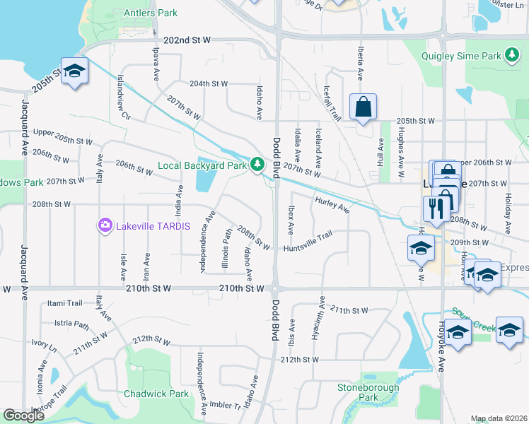 map of restaurants, bars, coffee shops, grocery stores, and more near 20764 Idaho Avenue in Lakeville