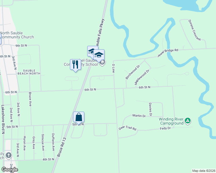 map of restaurants, bars, coffee shops, grocery stores, and more near 659 6th Street North in Sauble Beach