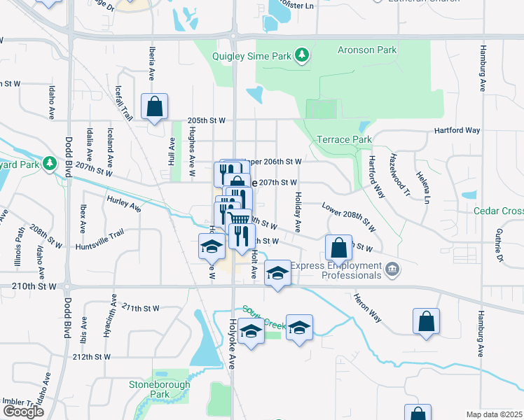 map of restaurants, bars, coffee shops, grocery stores, and more near 20732 Holt Avenue in Lakeville