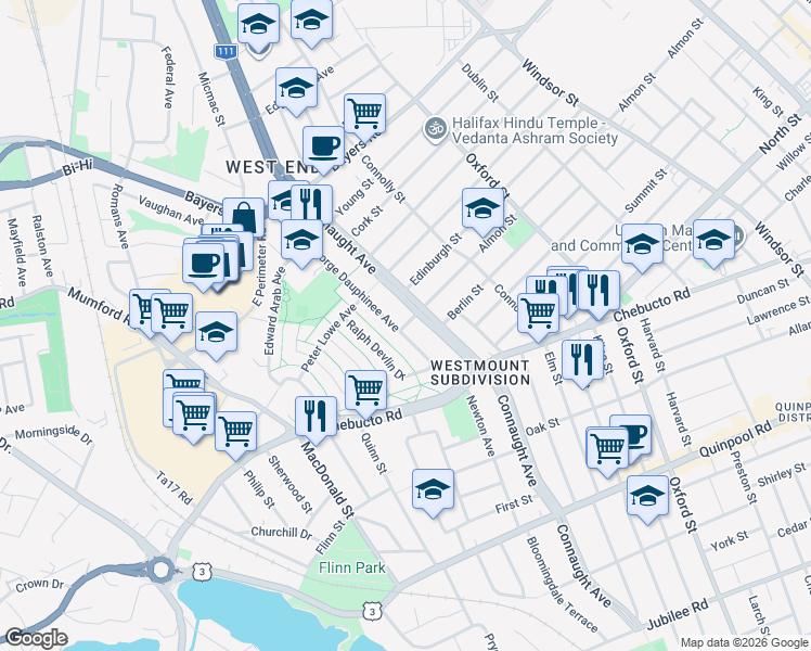 map of restaurants, bars, coffee shops, grocery stores, and more near 96 Almon Street in Halifax