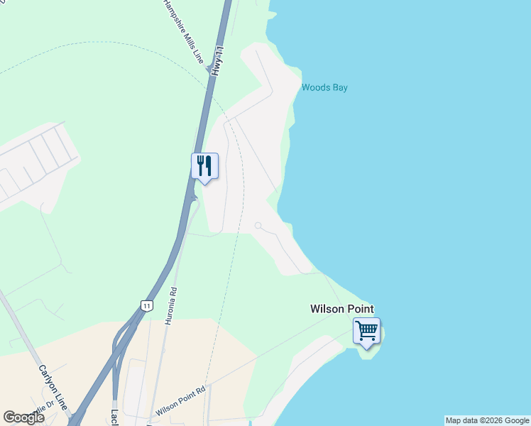 map of restaurants, bars, coffee shops, grocery stores, and more near 4216 Holcroft Road in Orillia