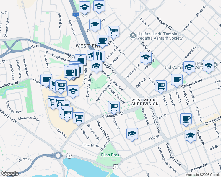 map of restaurants, bars, coffee shops, grocery stores, and more near 2879 Ralph Devlin Drive in Halifax