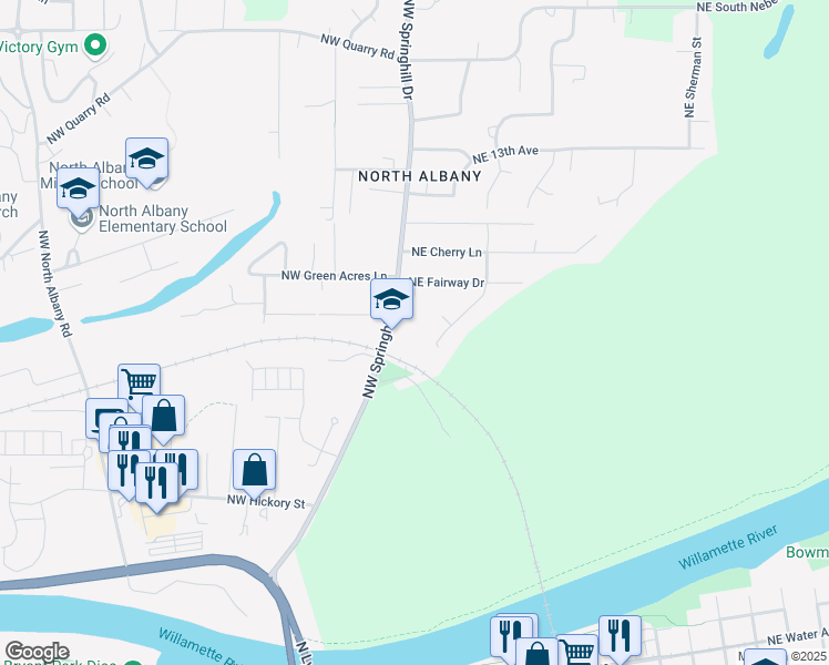 map of restaurants, bars, coffee shops, grocery stores, and more near 1005 Northwest Springhill Drive in Albany