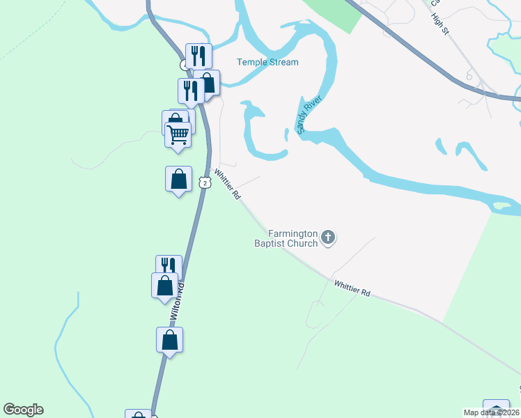map of restaurants, bars, coffee shops, grocery stores, and more near 148 Whittier Road in Farmington