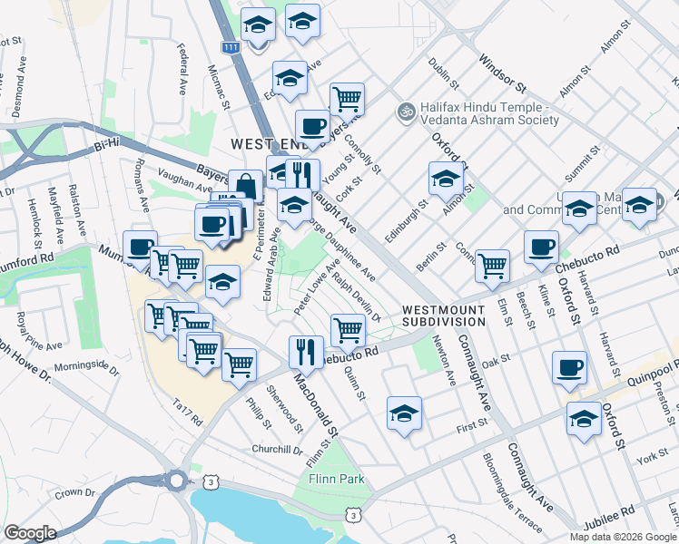map of restaurants, bars, coffee shops, grocery stores, and more near 2879 Ralph Devlin Drive in Halifax
