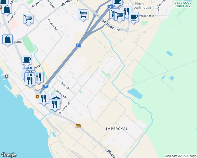 map of restaurants, bars, coffee shops, grocery stores, and more near 16 Bonnie Brae Drive in Dartmouth