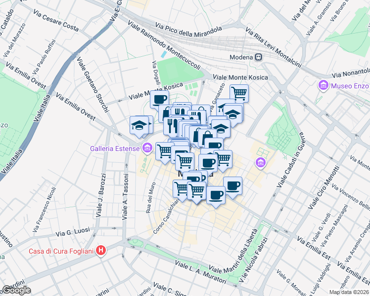 map of restaurants, bars, coffee shops, grocery stores, and more near 1 Piazzale della Pomposa in Modena