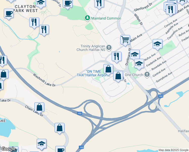 map of restaurants, bars, coffee shops, grocery stores, and more near 36 Bently Drive in Halifax