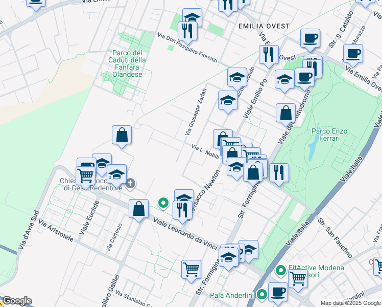 map of restaurants, bars, coffee shops, grocery stores, and more near 199 Via L. Nobili in Modena