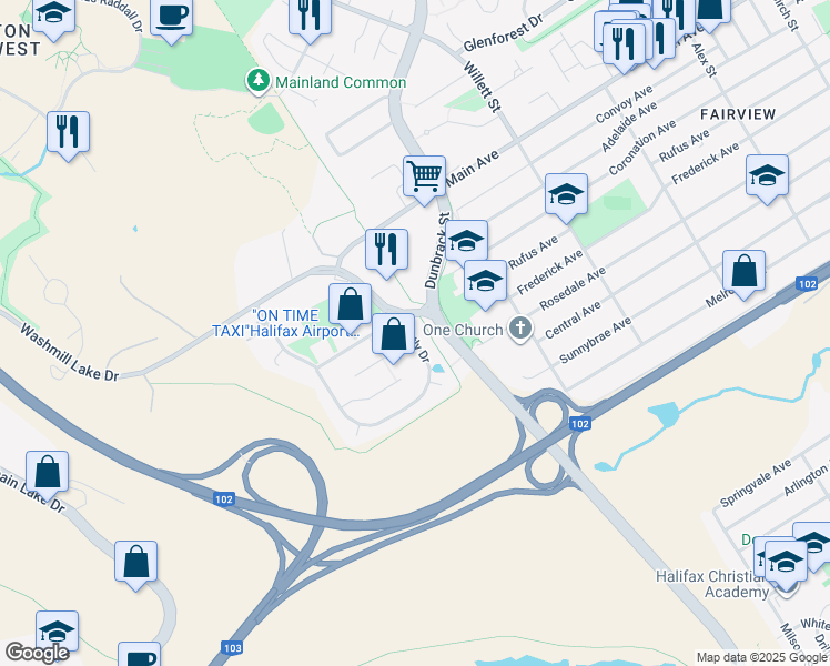 map of restaurants, bars, coffee shops, grocery stores, and more near 307 Bently Drive in Halifax