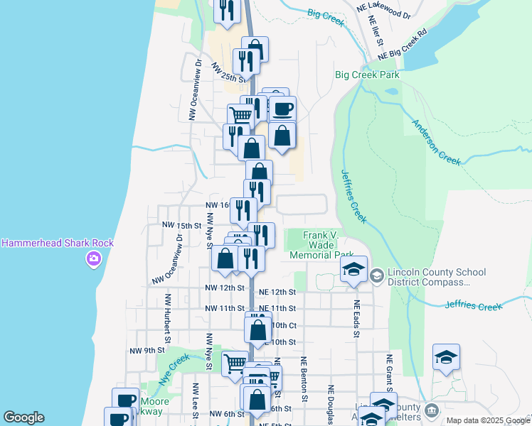 map of restaurants, bars, coffee shops, grocery stores, and more near 200 Northeast San Bay-O Circle in Newport