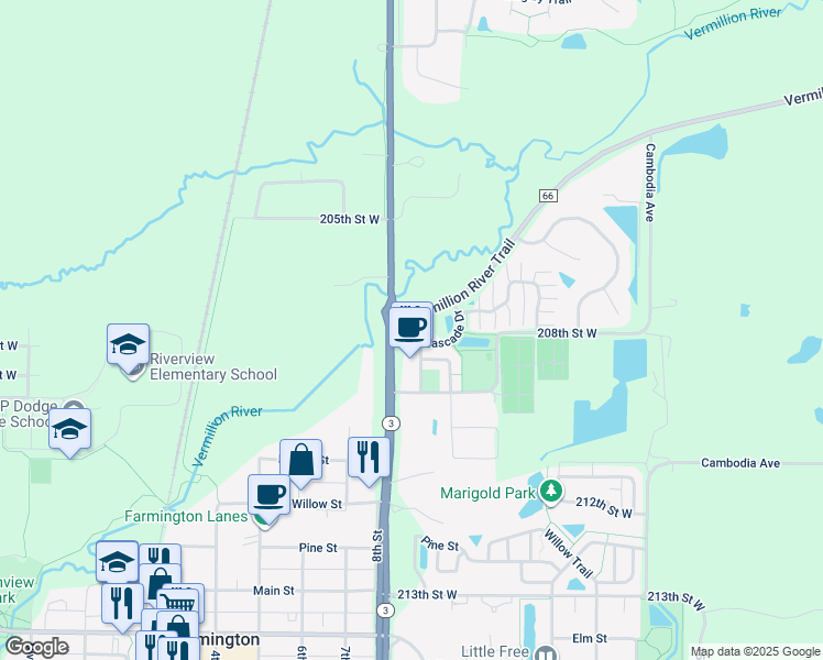 map of restaurants, bars, coffee shops, grocery stores, and more near 3380 Vermillion River Trail in Farmington