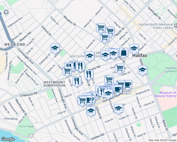 map of restaurants, bars, coffee shops, grocery stores, and more near 6376 Chebucto Road in Halifax
